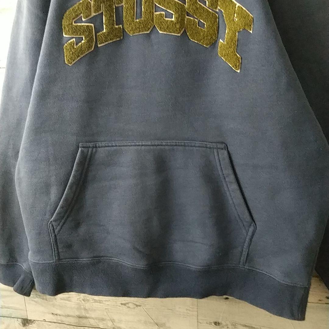 希少カラー☆ステューシー 刺繍 パイルロゴ アーチロゴ パーカー M～L相当 紺