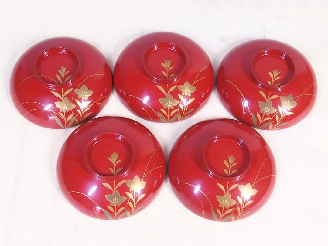 美品】輪島塗 西久保田漆器店 朱塗 桔梗蒔絵 小吸物椀 5客