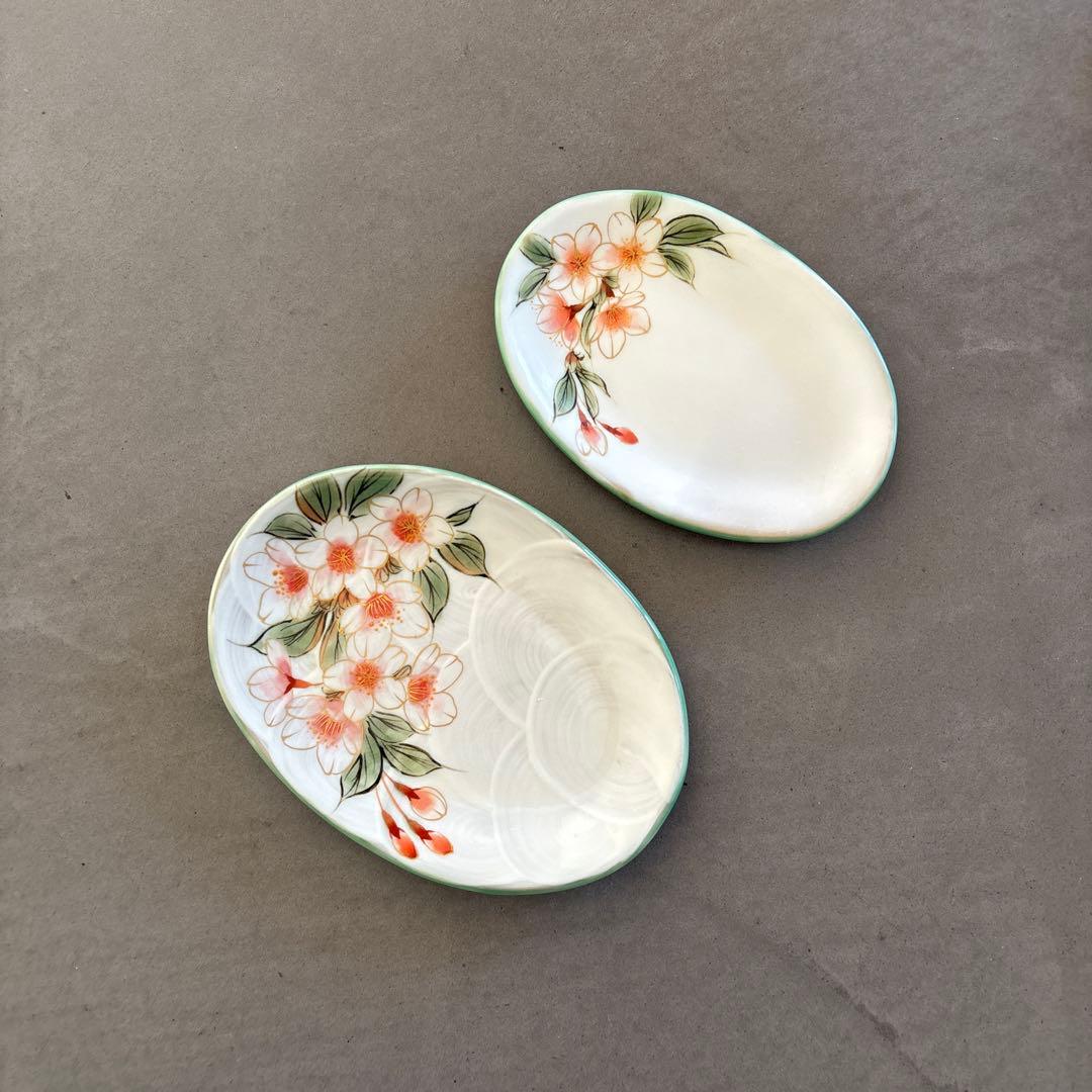 ほぼ新品》美品【陶葊】京焼 清水焼 白掛彩草花 色絵付け 皿 桜 陶あん