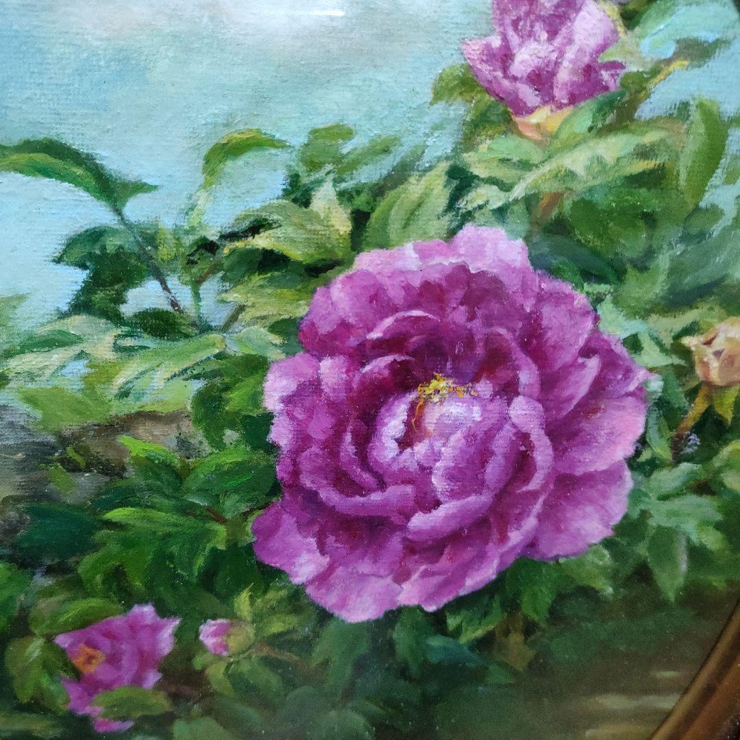 紫色のバラ 油彩画 金色フレーム