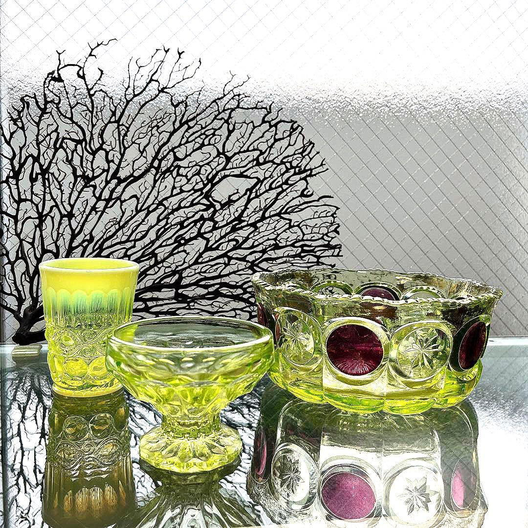 骨董 時代プレス ラスター彩釉薬 ギザフチ 大鉢 菓子器 ウランガラス