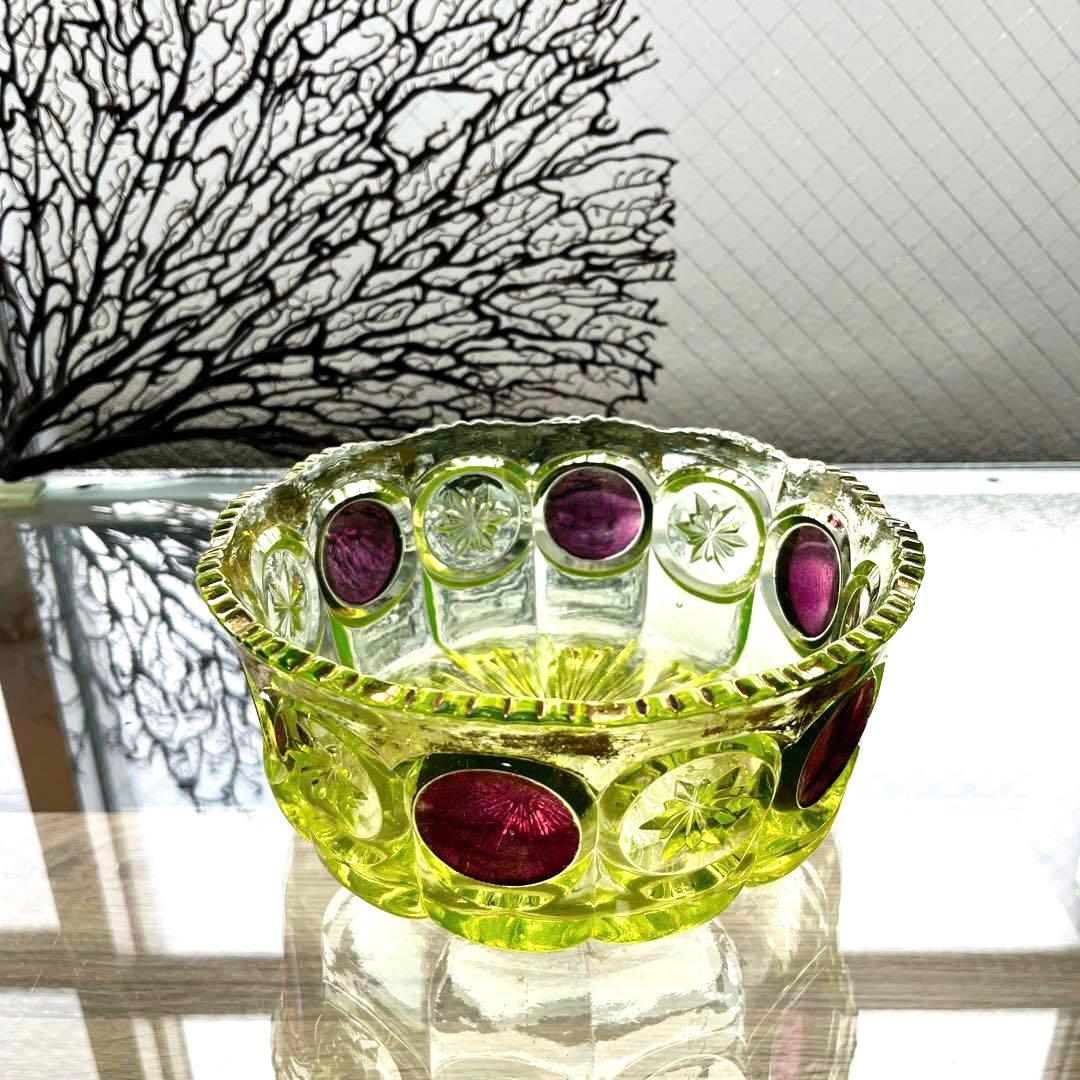 骨董 時代プレス ラスター彩釉薬 ギザフチ 大鉢 菓子器 ウランガラス