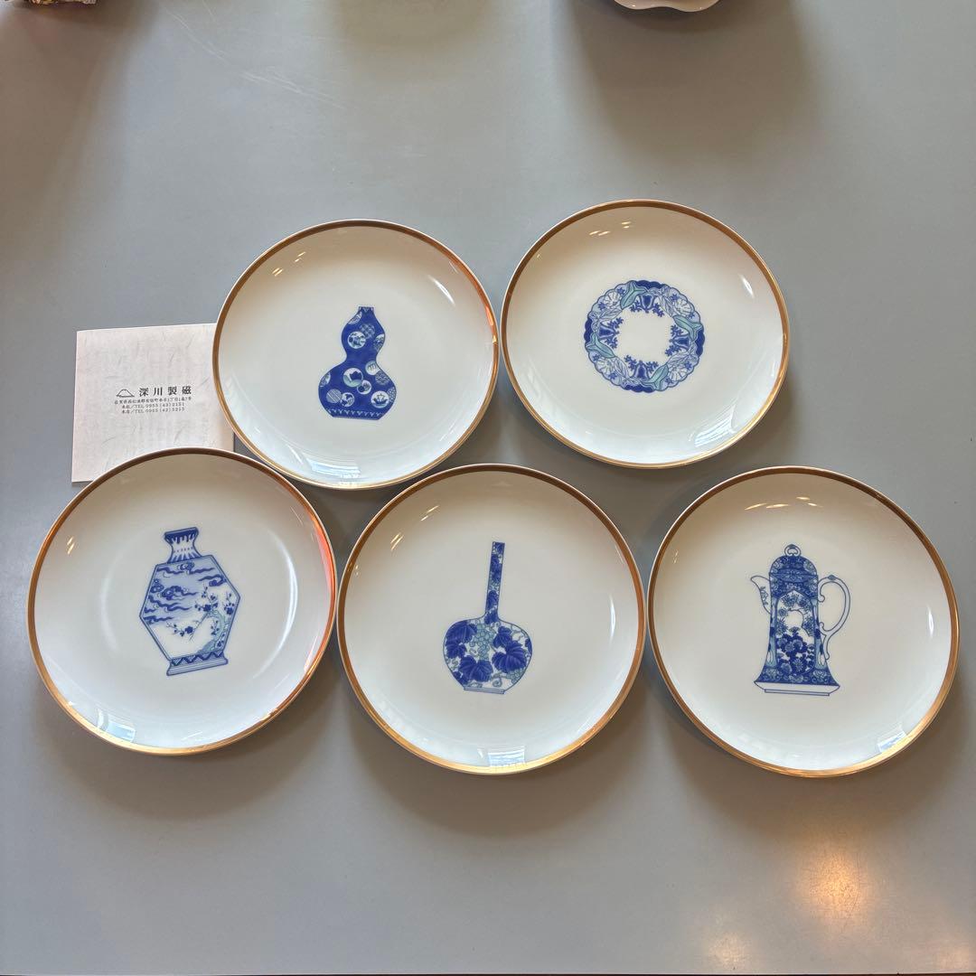 小皿5枚 深川製 花文様 木箱付き 深川ブルー 染付 金彩 2025