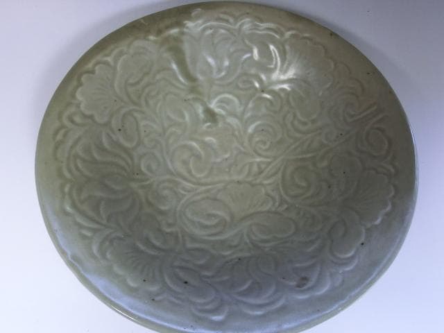鉢□高麗青磁鉢 印花陽刻牡丹文 古い平鉢 古皿 大皿 古玩 唐草