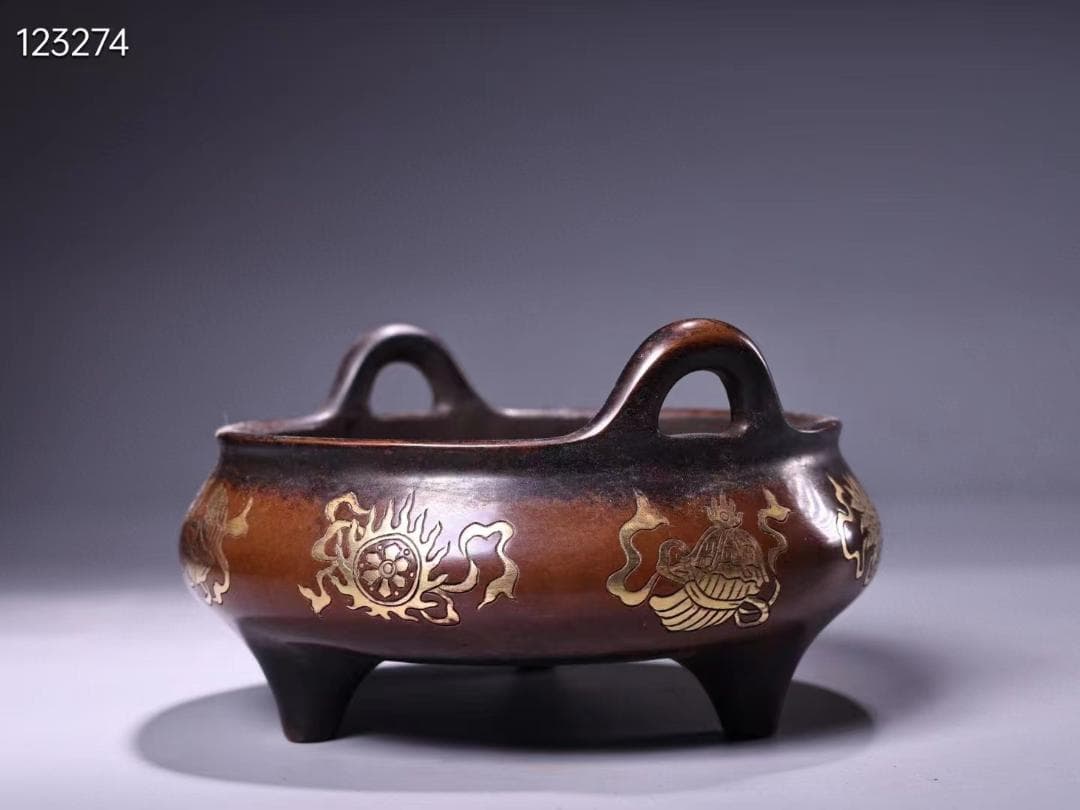 珍品旧蔵収純銅高レリーフ錾刻鎏金吉祥八宝香炉·老