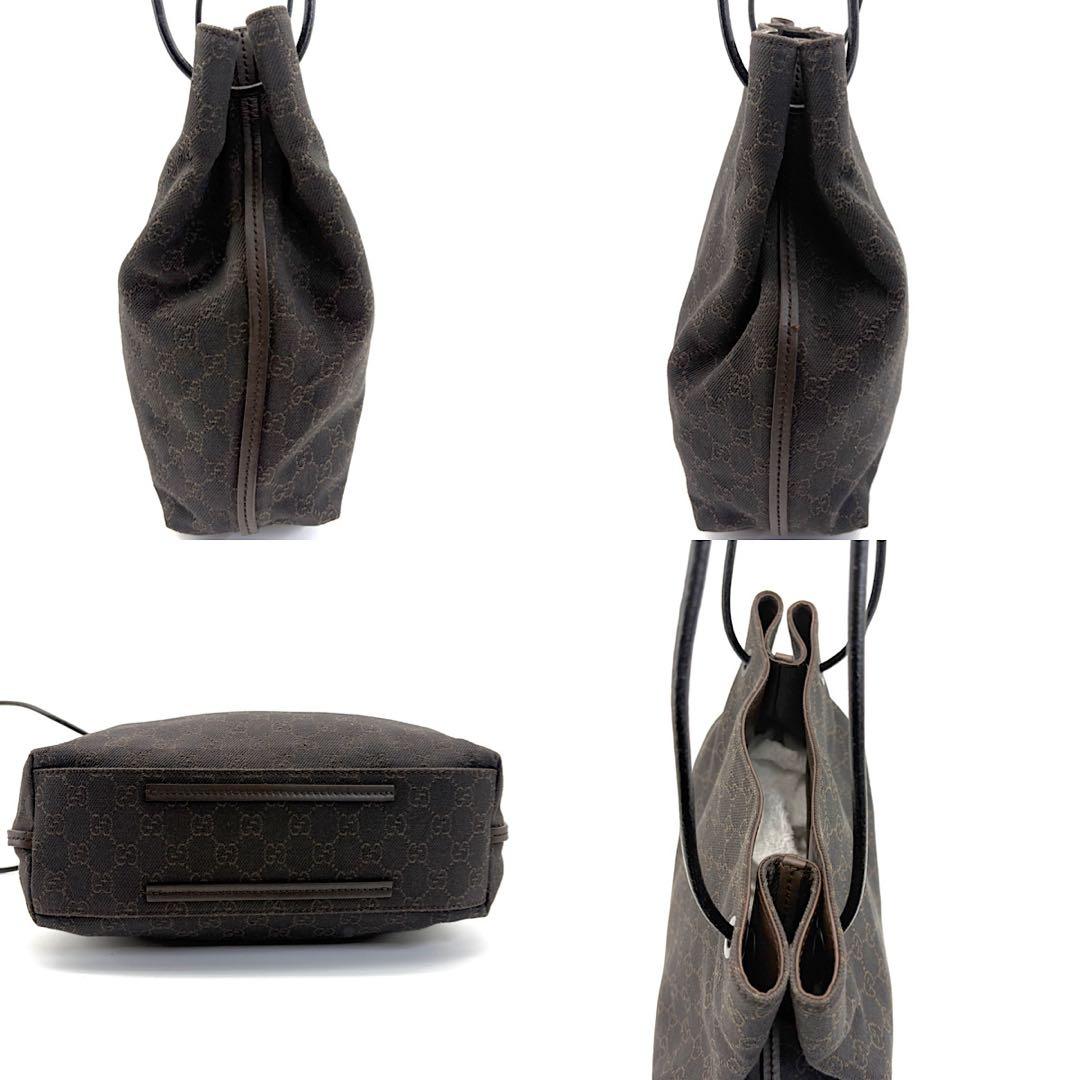 GUCCI　トートバック　キャンバス　肩掛け　巾着　ブラウン　本革　ゴールド金具