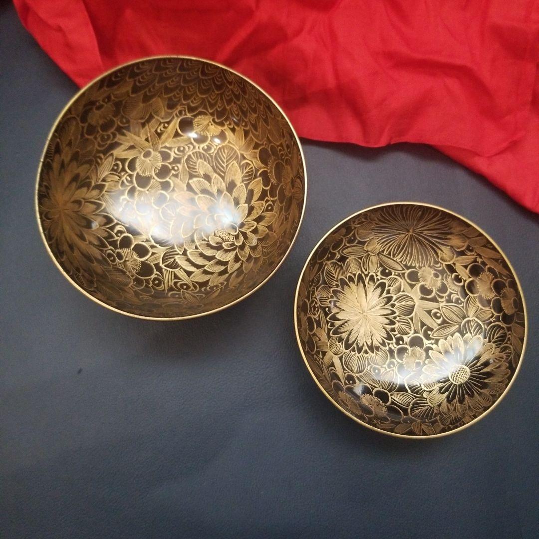 菫　黒漆塗 内総沈金 菊花紋詰 吸物椀 汁椀 茶道具 懐石 菓子椀　2客