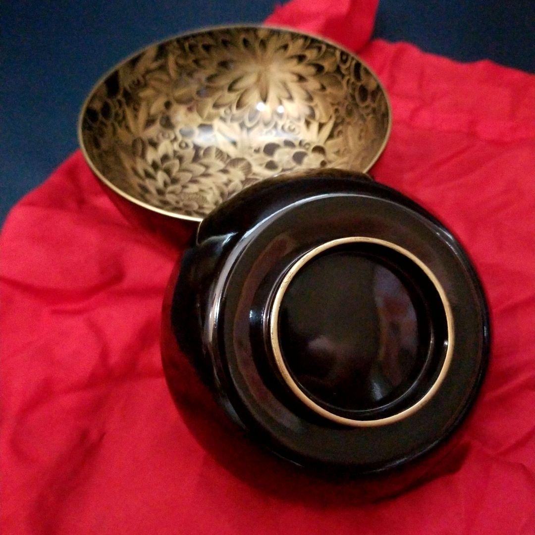 菫　黒漆塗 内総沈金 菊花紋詰 吸物椀 汁椀 茶道具 懐石 菓子椀　2客