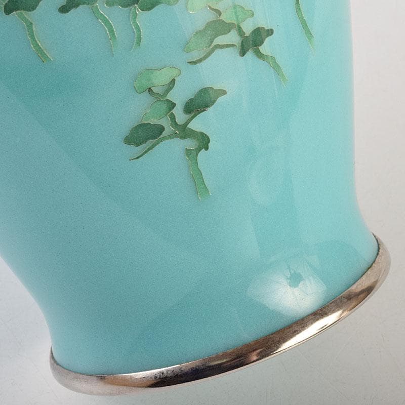 七宝焼 青釉 富士松文 花瓶 唐木台付 共箱 M R9509 美術品・アンティーク・