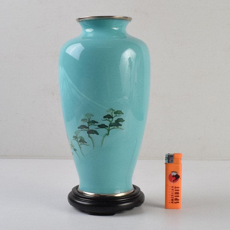 七宝焼 青釉 富士松文 花瓶 唐木台付 共箱 M R9509 美術品・アンティーク・