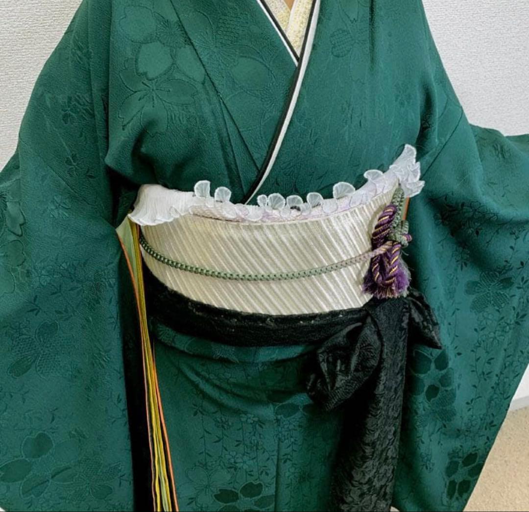 509z15.509y14.小物〇色無地 中振袖 桜 地紋 深緑 嘘つき袖付き〇