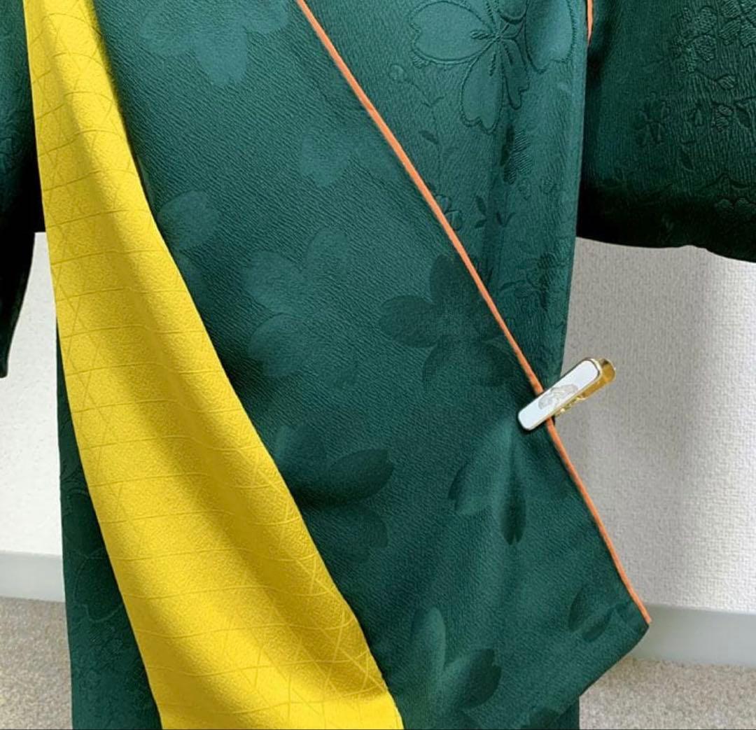 509z15.509y14.小物〇色無地 中振袖 桜 地紋 深緑 嘘つき袖付き〇