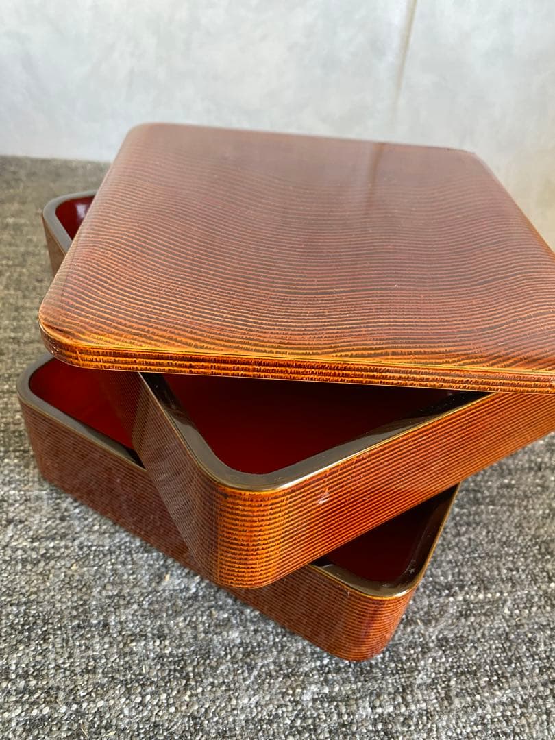 輪島塗　重箱　二段重　木目　未使用