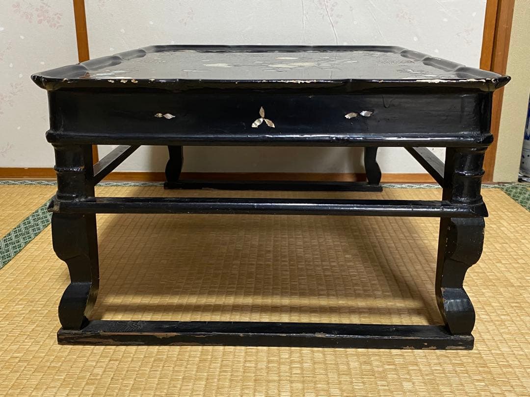 ♦中国清時代 花 蝶 柘榴 富貴 吉祥文 螺鈿細工 輪花 四方足 花台 骨董品