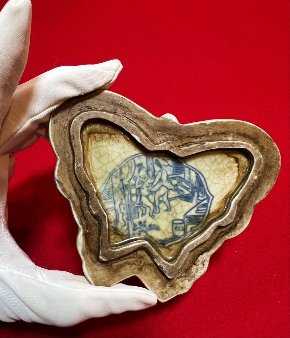 中国美術 古玩 道光年製 山水 人物 獅子紋樣春宫人物蝶々 蓋合 香合