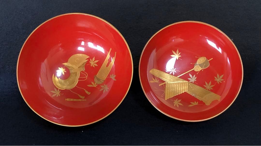 《R》朱塗 金蒔絵 烏帽子和楽器 吸物椀5客 木製漆器　251204お3