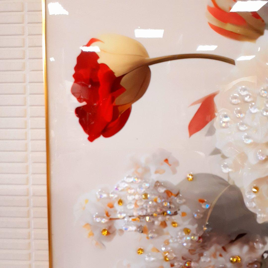 輸入雑貨　『赤い薔薇とロゼッタ』　天然水晶石　クリスタルアート　ゴールドフレーム