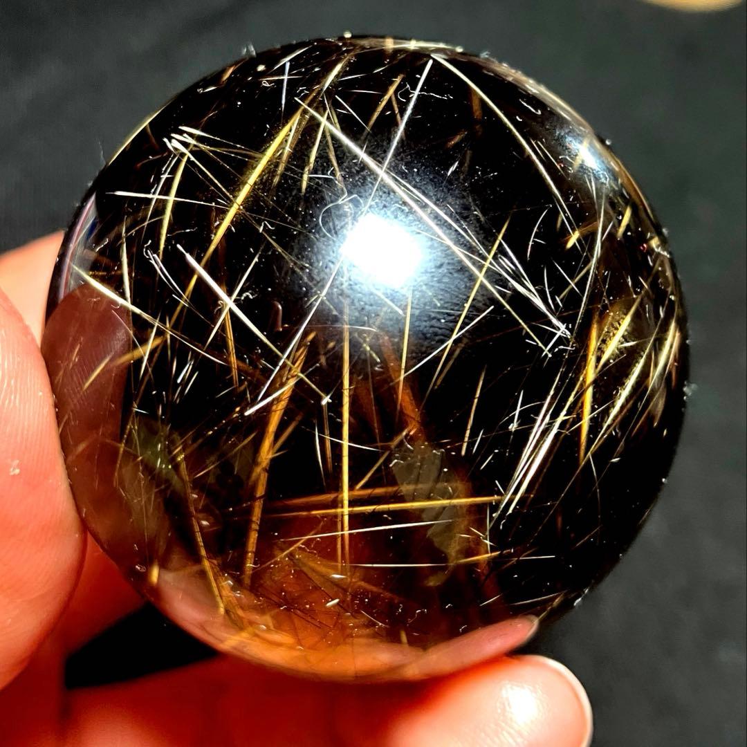 43mm 虹入りゴールドルチルクォーツ 丸玉 スフィア 金針水晶 43mm 虹