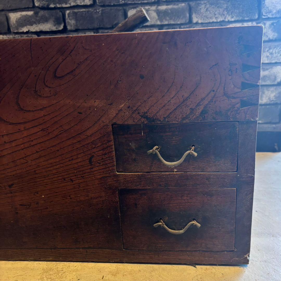 Ly01 木製火鉢 長火鉢 灰入り 昭和レトロ 引き出し付 古道具