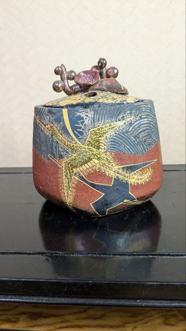 JAPAN】九谷焼 作家作品 谷敷正人 雅彩双鶴紋 香炉