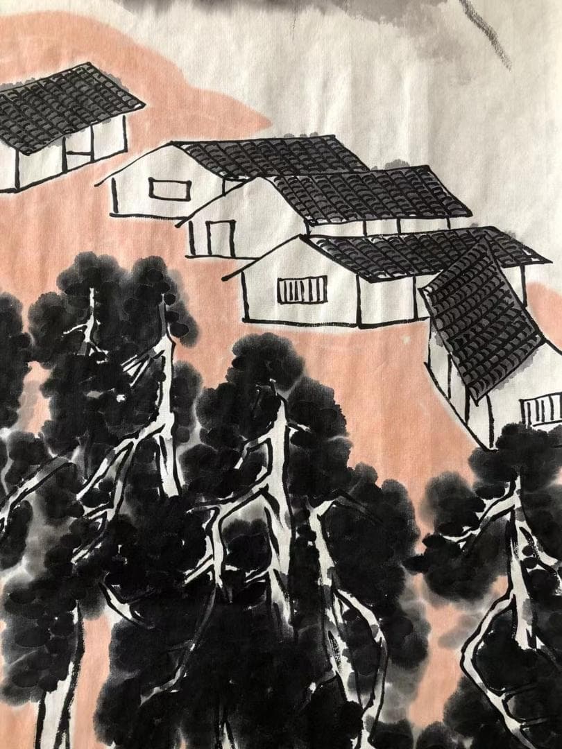 中国美術・純手描き四連山水画芯・水墨画・斉白石印款・肉筆・宣紙・茶道・国画・文房