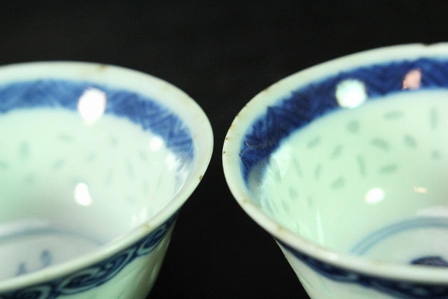 中国美術 煎茶 螢手 青花碗 九件 時代物(K-XA882) 中国美術 景徳