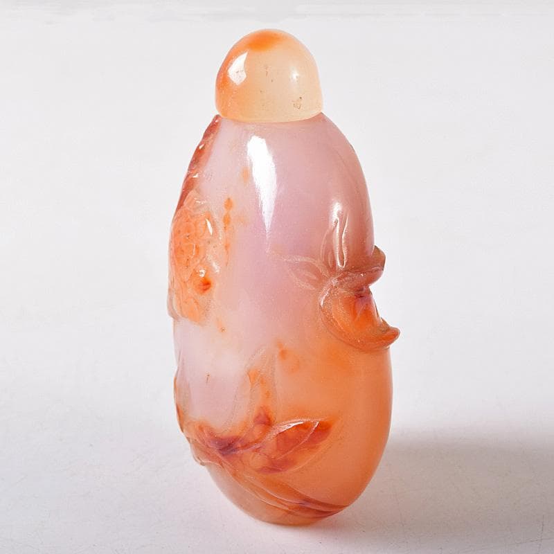 中国 玉石瑪瑙石彫刻 蓮葉金魚刻 鼻煙壷 小壷 時代箱付 M