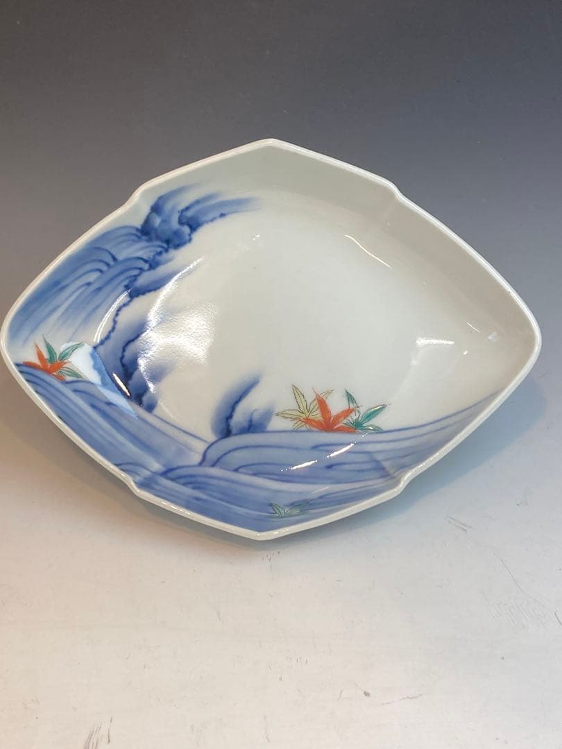 柿右衛門 染錦流水紅葉文菱形皿4客 角福在銘