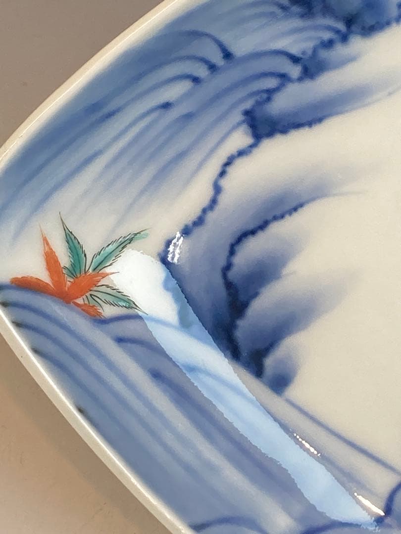 柿右衛門 染錦流水紅葉文菱形皿4客 角福在銘