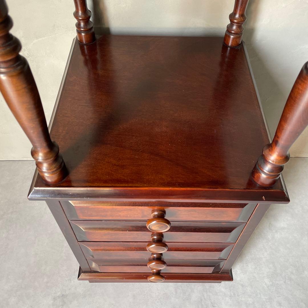 木製 桜材 ダークブラウン 電話台 民芸家具 抽斗4杯 アンティーク風