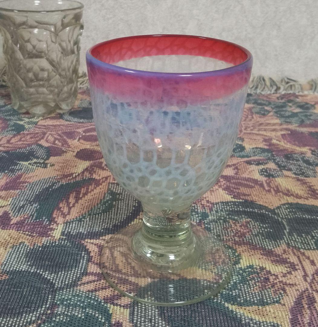 大正時代 乳白赤縁 輪つなぎ文様 なつめ型 太脚 氷コップ 大正時代 乳白赤縁 輪つなぎ文様 なつめ型 太脚 氷コップ