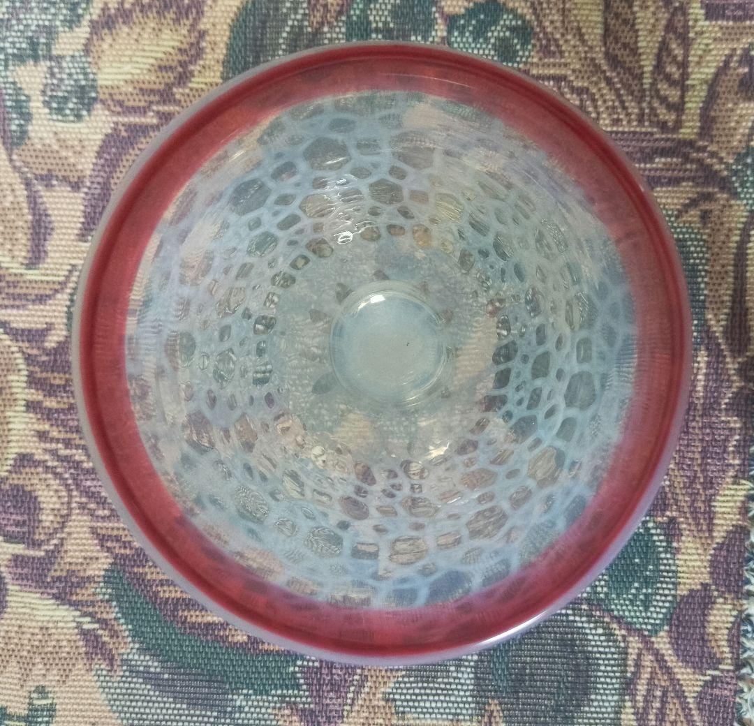 大正時代 乳白赤縁 輪つなぎ文様 なつめ型 太脚 氷コップ