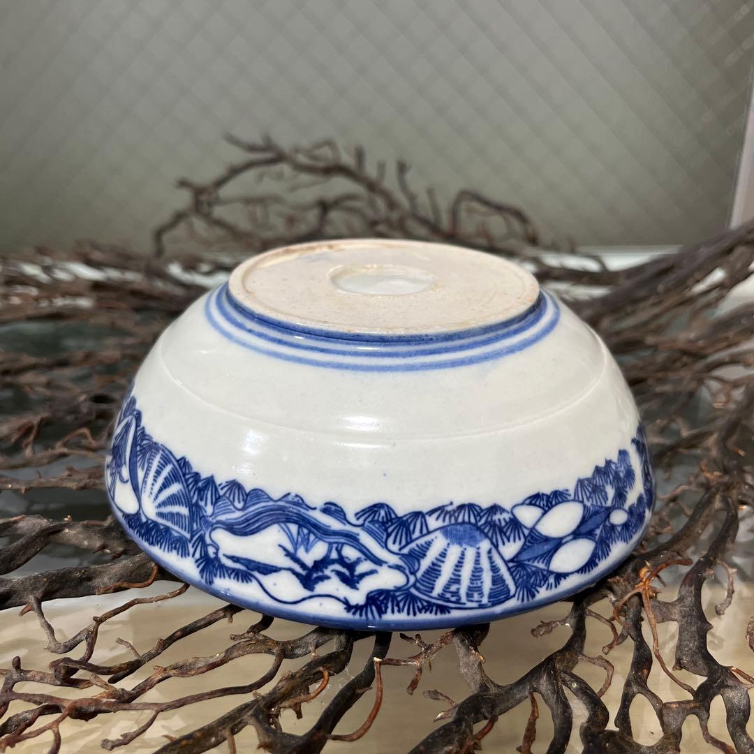 骨董 古伊万里 図変わり印判 動物 波乗り兎 老松 貝フチ 丸鉢 膾皿