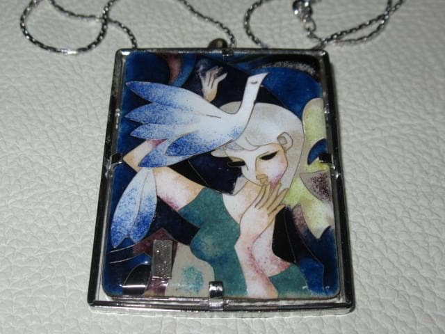 定価10万東郷青児 美人図 七宝焼き シルバー製チェーンのブローチと