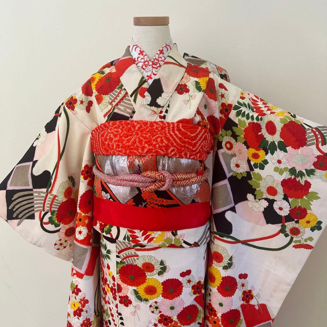 7歳七五三　十三詣り　身丈140cm アンティーク正絹着物、帯、小物セット