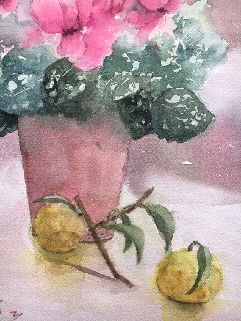 透明水彩画原画ピンクのシクラメン - メルカリ