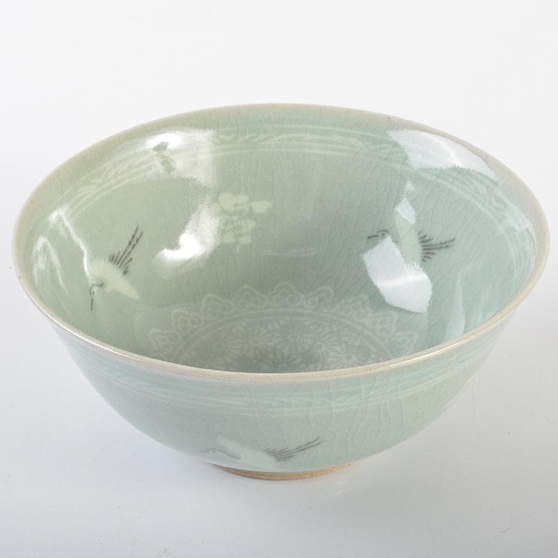 韓国人間文化財 柳海剛（柳根瀅）作 高麗青磁 象嵌鶴雲文茶碗 共