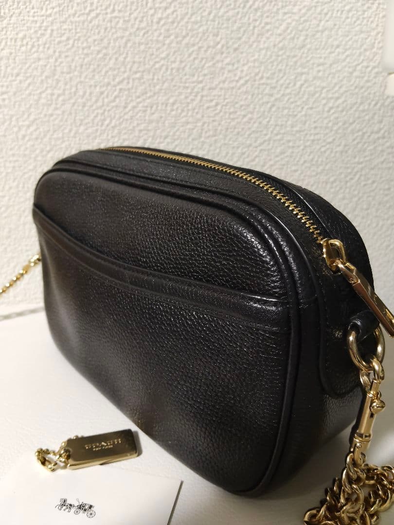 COACH ブラック　レザー　ショルダー　バッグ　黒　ロゴ　チェーン　コーチ