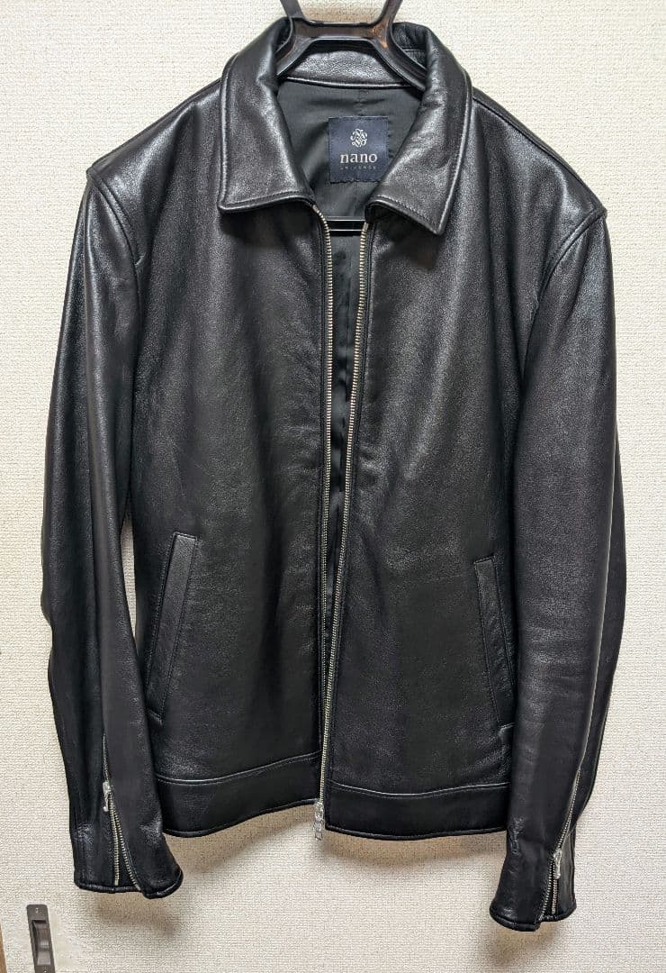 美品】ナノユニバース 襟付きラムレザーシングルライダースジャケット