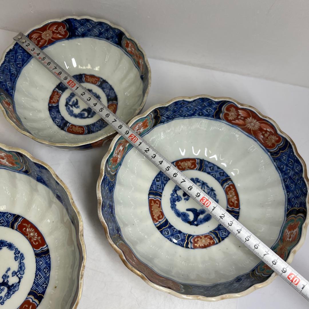 古伊万里　染錦菊割ミツ鉢　木箱　幅約24/21/18㎝　東Y7-0725③タカサ