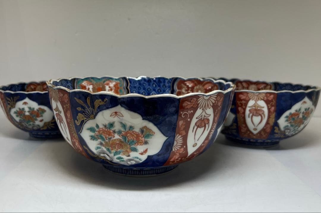 古伊万里　染錦菊割ミツ鉢　木箱　幅約24/21/18㎝　東Y7-0725③タカサ