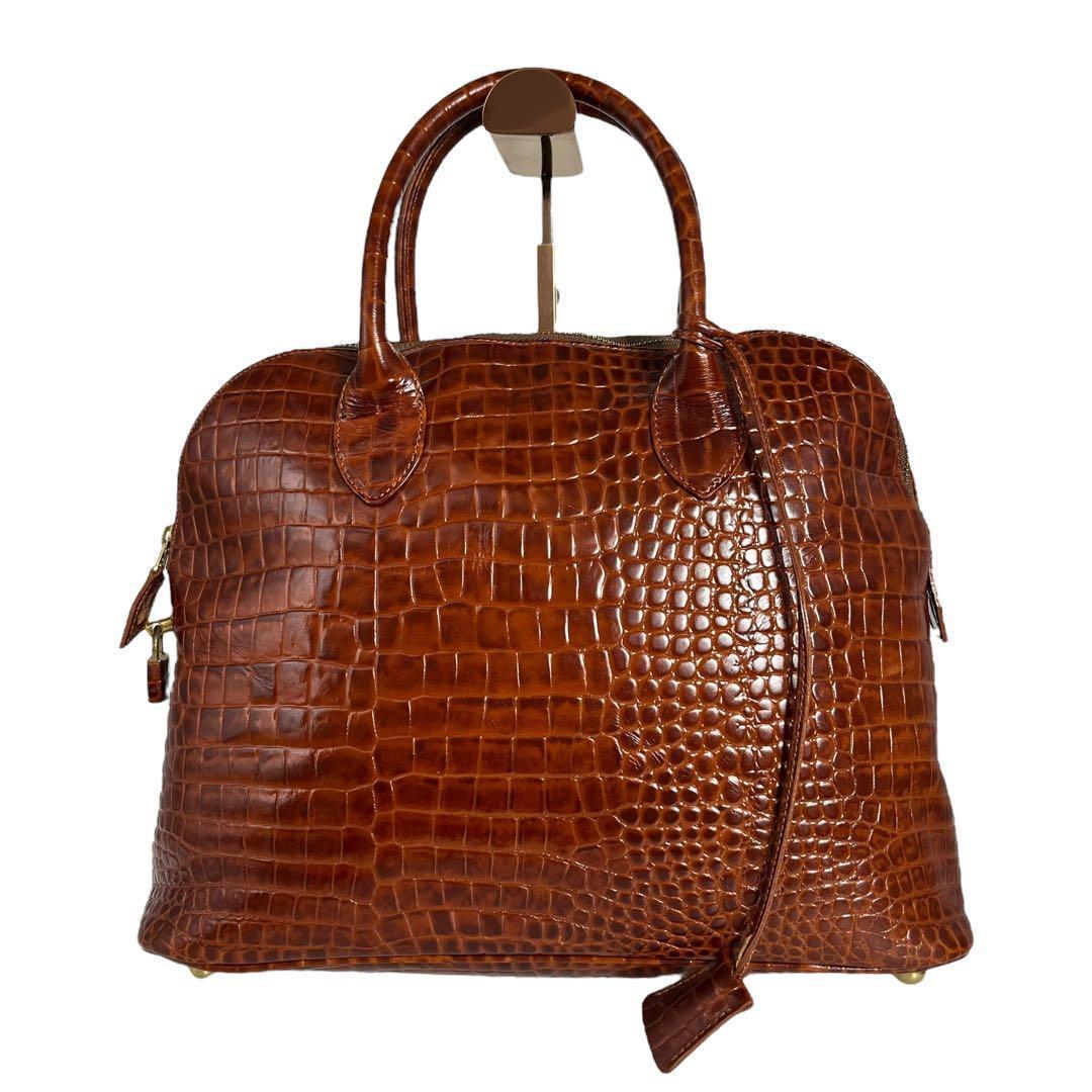 クロコダイル型押し 茶レザーバッグ 鍵付き 大容量