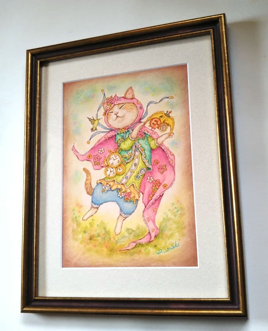 【原画】『時を数える猫』（猫の絵　猫グッズ　時計　絵画　パステル画）