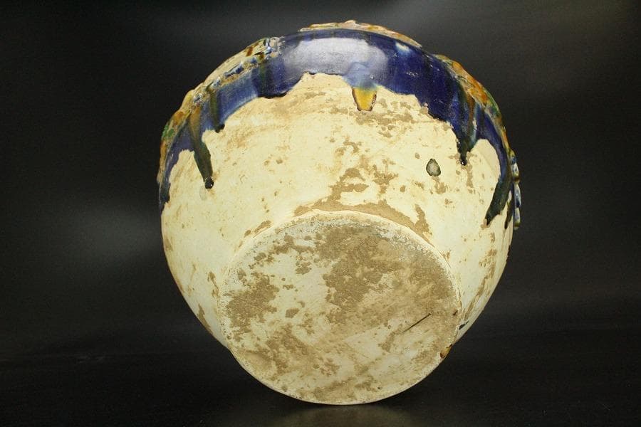 中国美術 唐三彩 貼花紋 丸壷 φ30cm(LC240)