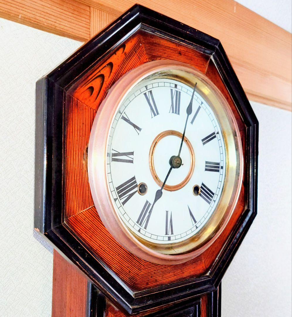 〈完動・美品〉小型八角合長ゼンマイ振り子時計　アンティーク古時計