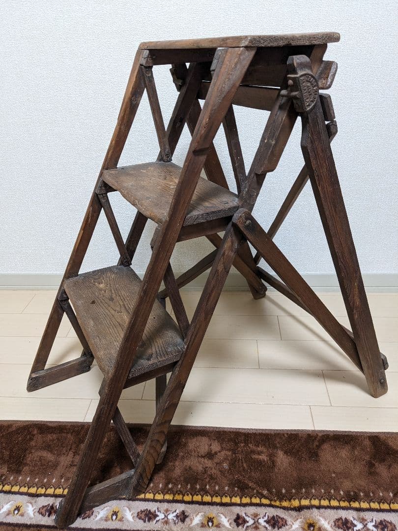 値引OK イギリスアンティーク 折りたたみ 木製3段 ステップラダー 脚立