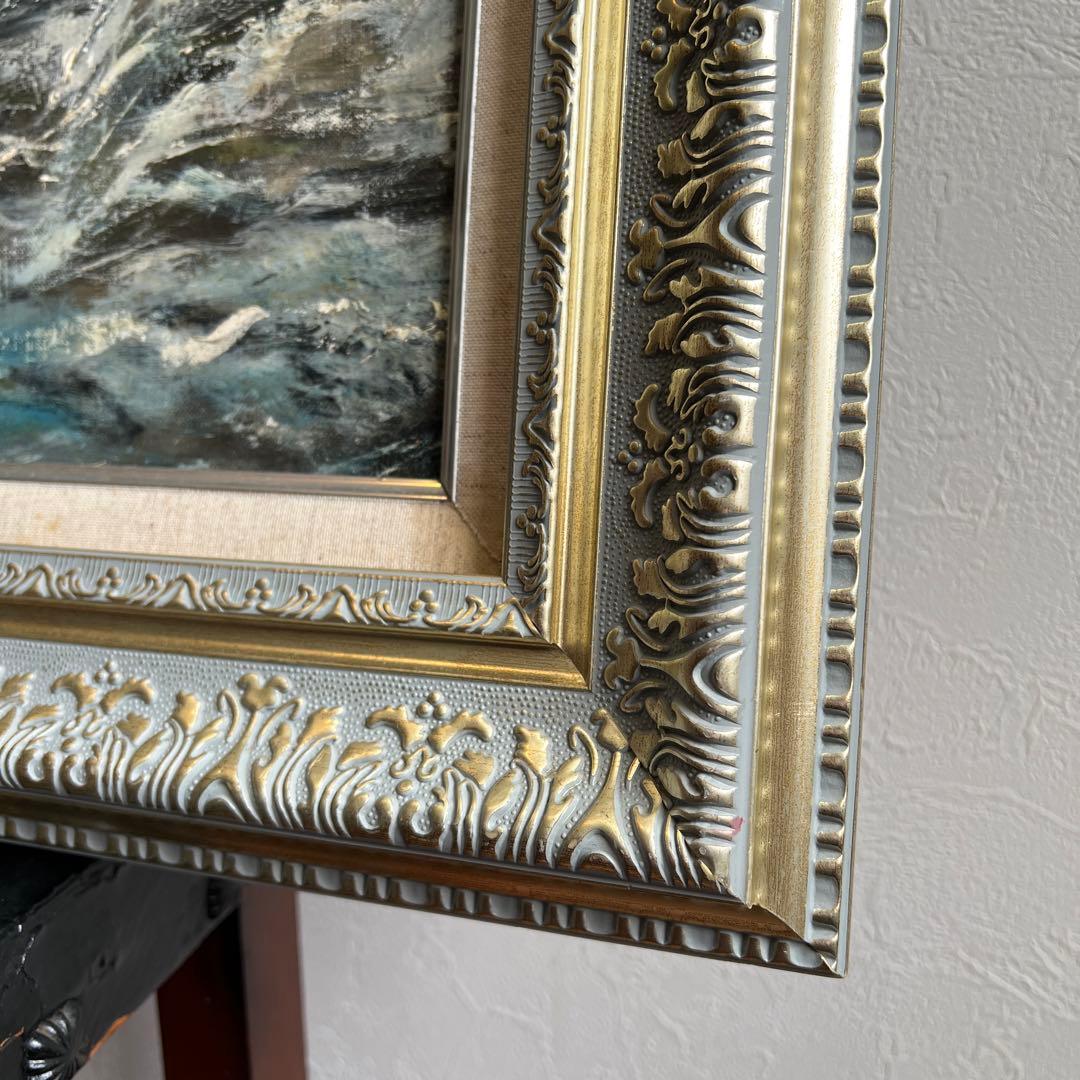 k927 額装絵画 春うららかな桜を臨むすだれ滝の風景 油彩画 エレガントな額縁