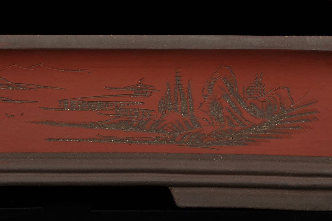 中国古盆器】中国宜興 紫砂 朱泥外縁長方盆栽鉢 釘彫