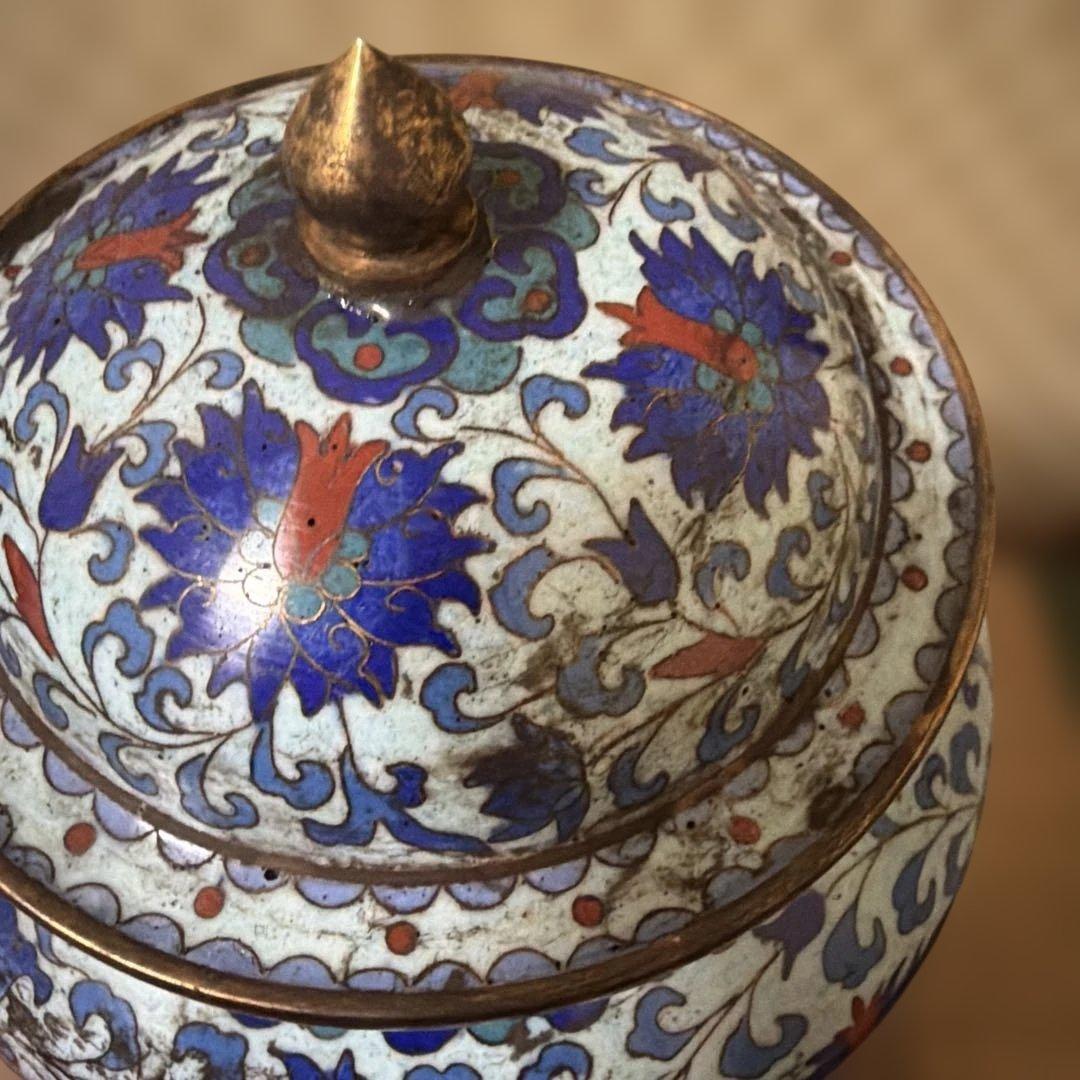 中国古美術 骨董品 七宝焼 蓋付き壺一対 保管箱 中国古美術 七宝焼