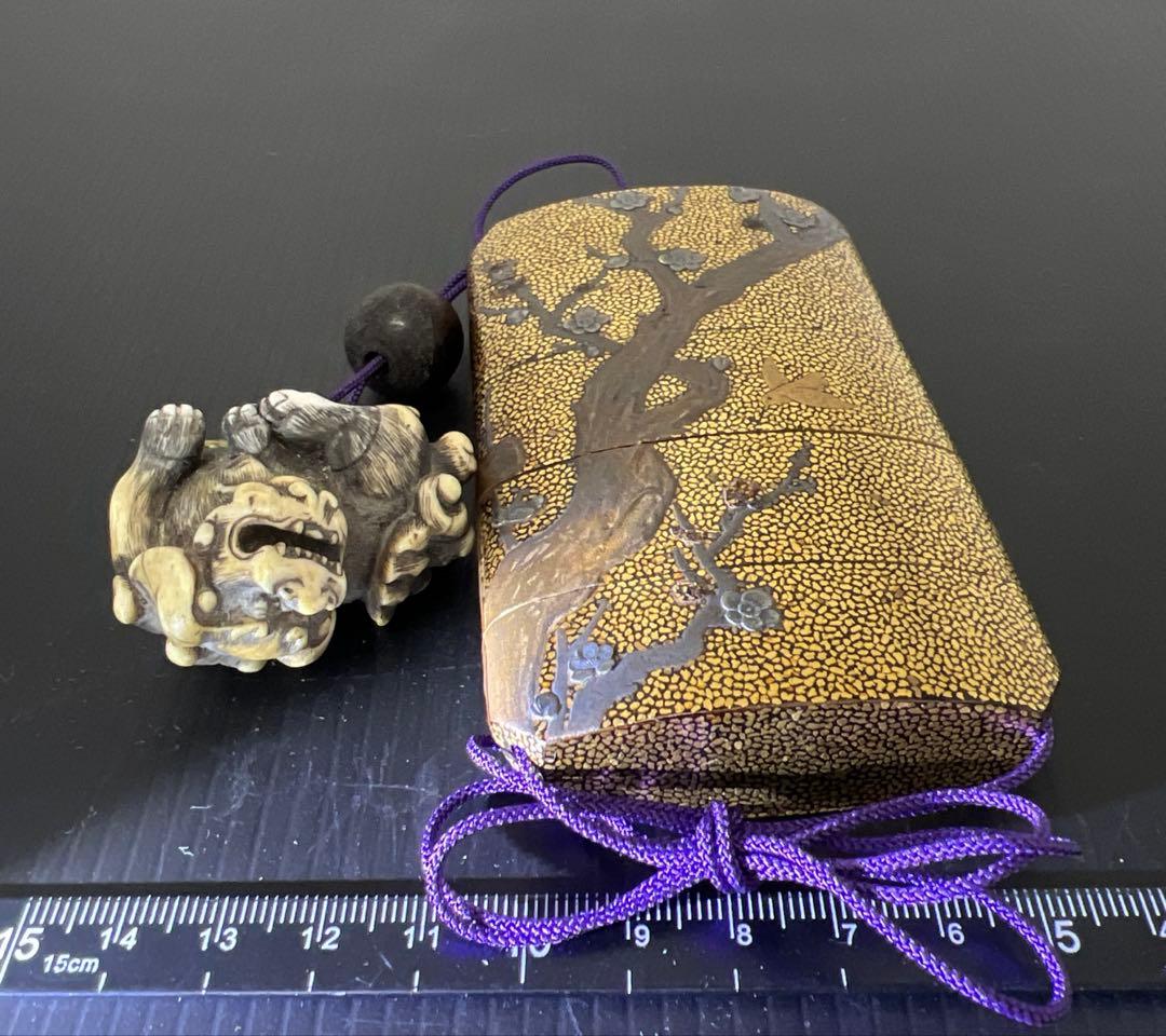 江戸時代 極上盛上鷲内梨地 五段大振印籠 極上獅子根付 東Y7-0812